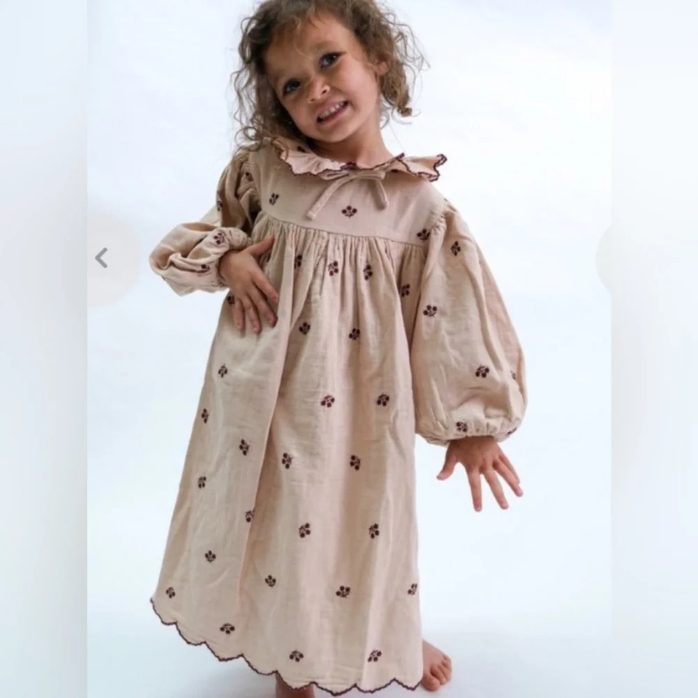NWT Girls Beige Embroidered Cotton Dress with Ruffled Collar
